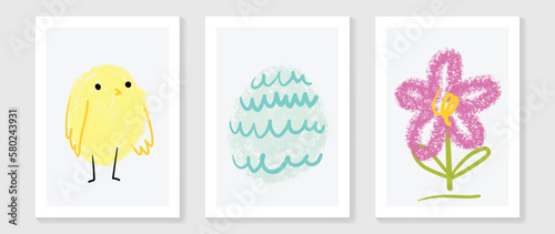 Cute comic easter wall art vector set. Collection of adorable hand painted watercolor baby chick, easter egg, flower. Design for nursery wall art in doodle style, baby, kids poster, card, invitation.