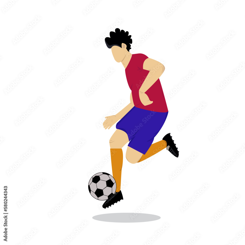 vector illustration of a male soccer player character kicking and controlling the ball with his feet. Flat Cartoon Illustration of Active Male Character Sport Time Athlete