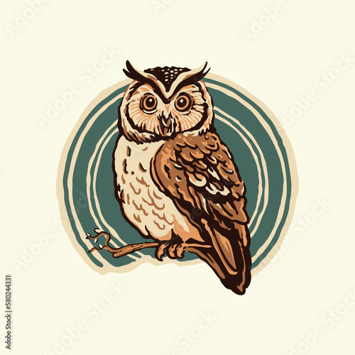 A vintage cartoon owl sitting on a branch with the word owl on it. photo