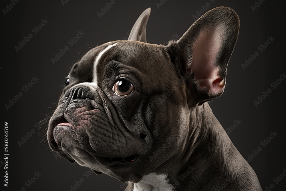 Close up of a 3 year old French Bulldog in front of a gray background. Generative AI