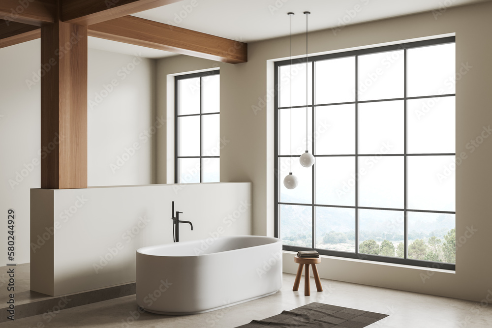 Fototapeta premium Modern bathroom interior with bathtub and accessories, panoramic window