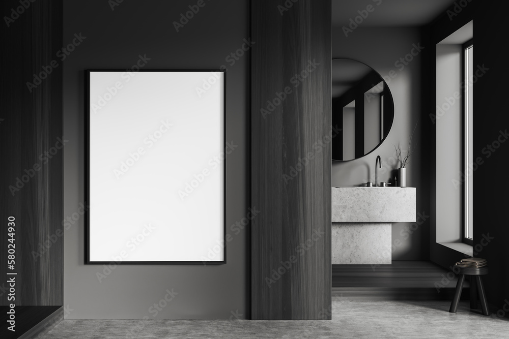 Poster in gray and wooden bathroom with sink Poster in gray and wooden bathroom with sink