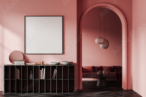 Square poster in pink living room with dresser and sofa