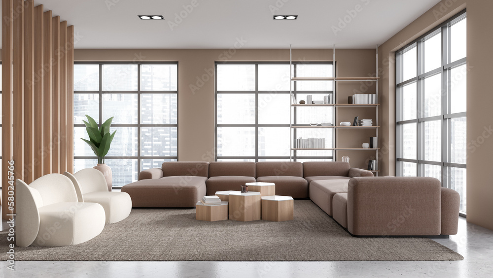 Fototapeta premium Spacious beige living room interior