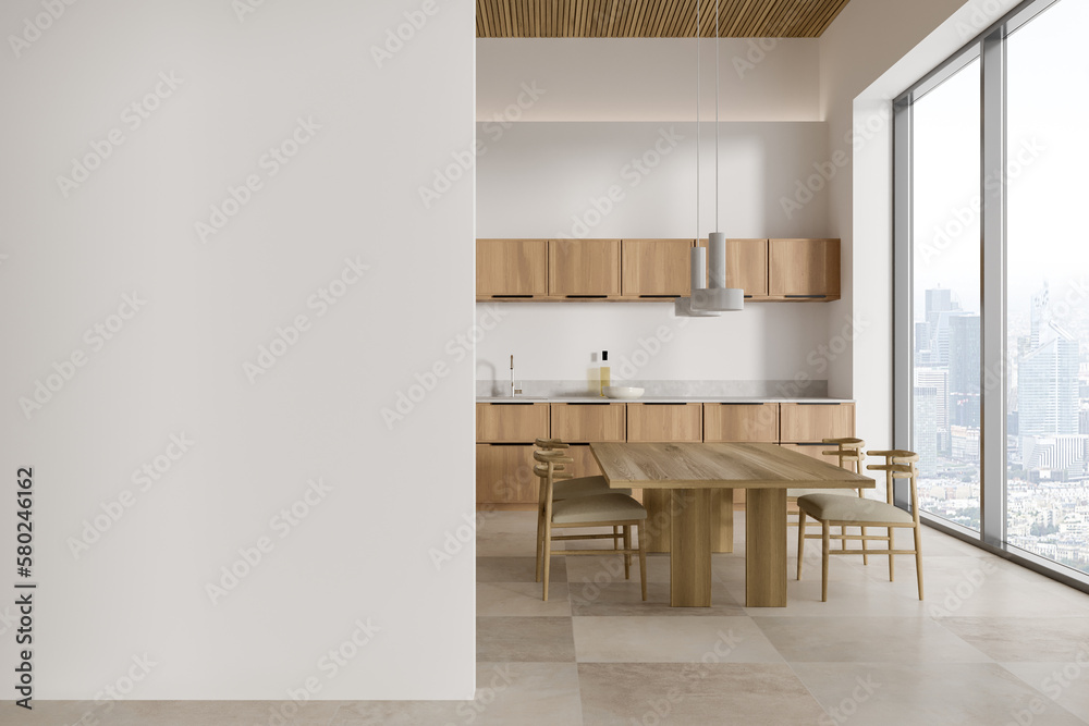 Panoramic white kitchen interior with cabinets and table - obrazy, fototapety, plakaty 
