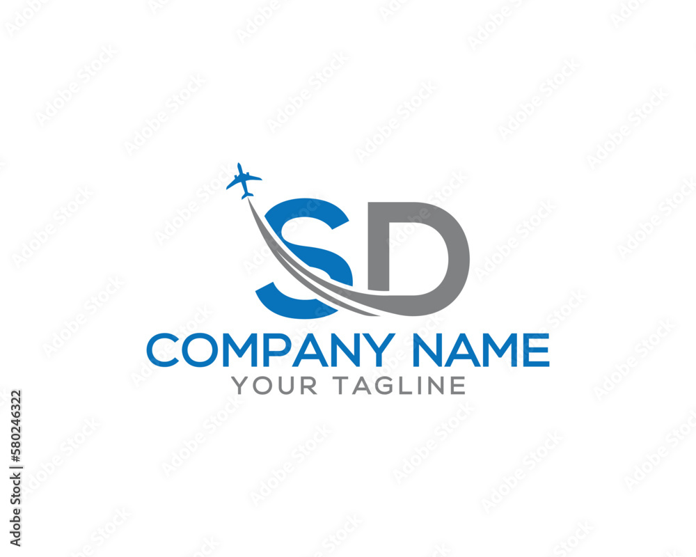 Letter SD with plane and airline unique logo design. Tourism, travel, airways identity and flight company creative vector icon.
