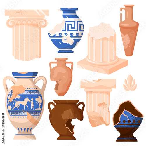 vector illustration set featuring ancient Roman and Greek columns and amphoras. cartoon-style broken ceramic vases and clay jars for wine, decorated with traditional old patterns