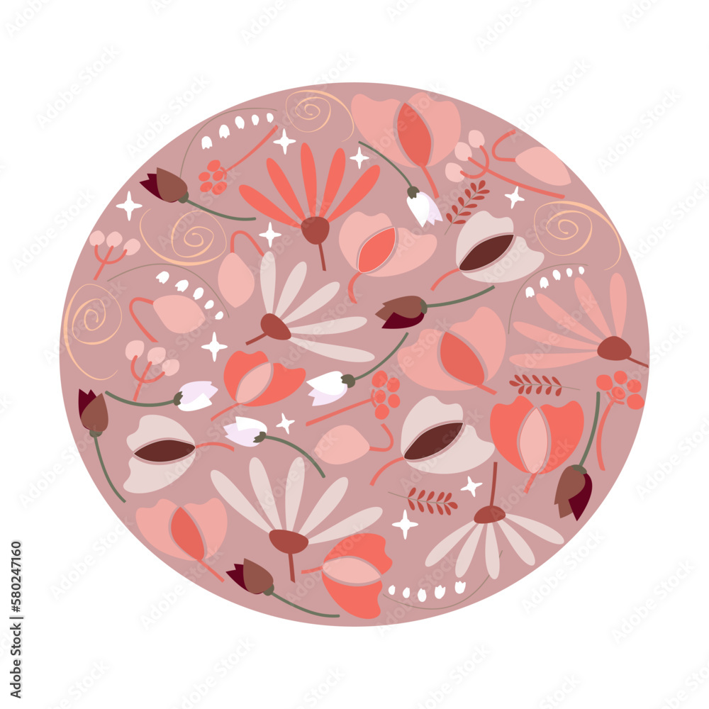 picture with flowers of poppies, chamomile, tulips in a flat style placed in a circle for a cover, invitation picture with flowers of poppies, chamomile, tulips in a flat style placed in a circle for a cover, invitation