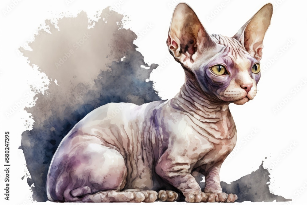 Animal watercolor of a Sphynx cat. Cat painting. A picture of Sphynx done in watercolors. Clipping path of a sphynx cat on a white background. Generative AI