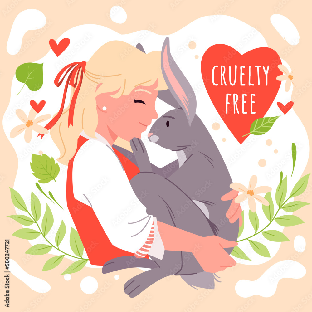 Illustration features a cartoon cute girl hugging a rabbit with love