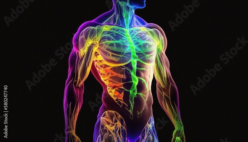 Translucent human body muscles colorful neon glowing on dark background, man bodybuilding muscle building concept, anaerobic exercise. Multicolored male body fascia muscles, generative AI