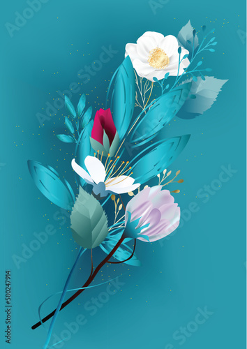 bouquet of flowers.floral background. Beautiful flowers on teal background