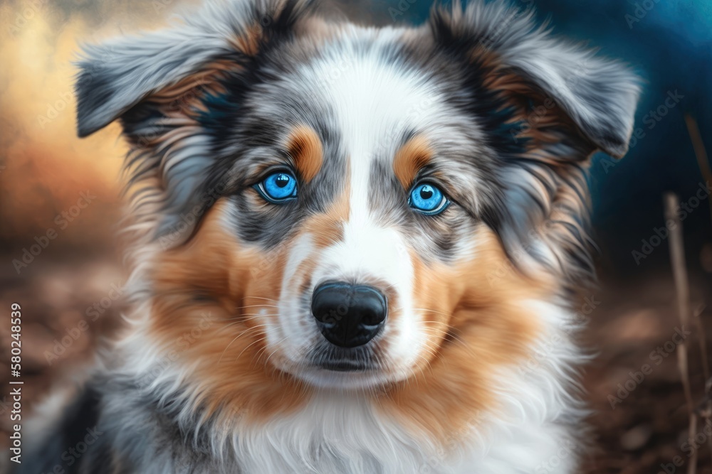 Portrait of an American Shepherd dog in a small size. Dog picture. Blue eyes dog. Animal from home out for a walk. Generative AI