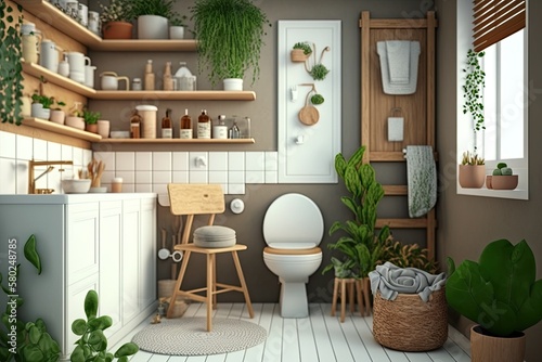 Kitchen interior design in contemporary house decor with rattan toilet, chair, food, herbs, and veggies. Template. Generative AI © AkuAku
