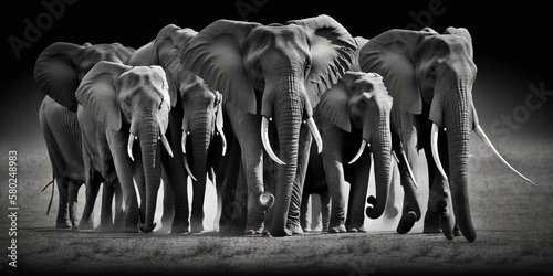 A group of elephants. A beautiful photo to print on the wall. Printable artwork. Background or wallpaper.  Generative AI © Matyfiz