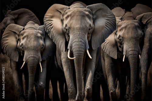 A group of elephants. A beautiful photo to print on the wall. Printable artwork. Background or wallpaper. Generative AI