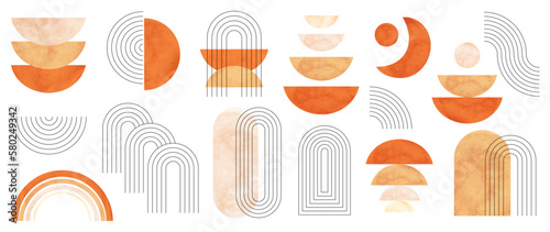 Hand drawn abstract minimal element mid century vector set. Aesthetic contemporary stripe line art, watercolor geometric shapes in nude colors. Art form design for wall art, decoration, wallpaper.