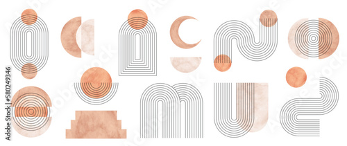 Hand drawn abstract minimal element mid century vector set. Aesthetic contemporary stripe line art, watercolor geometric shapes in nude colors. Art form design for wall art, decoration, wallpaper.