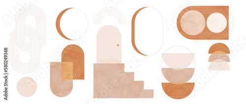 Hand drawn abstract minimal element mid century vector set. Aesthetic contemporary stripe line art, watercolor geometric shapes in nude colors. Art form design for wall art, decoration, wallpaper.