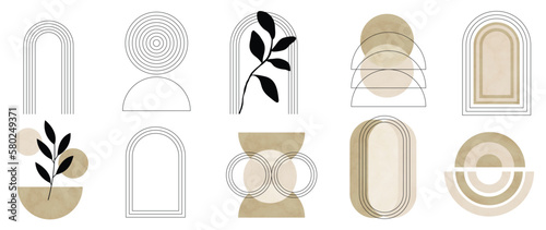 Hand drawn abstract minimal element mid century vector set. Aesthetic contemporary stripe line art, watercolor geometric shapes in nude colors. Art form design for wall art, decoration, wallpaper.