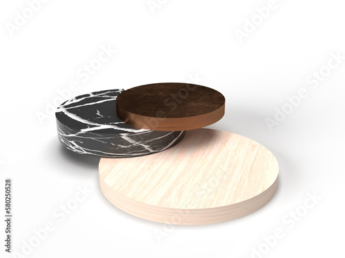 Podium 3d rendering on white background. Wood with marble podium.