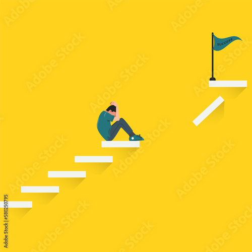 Depressed man sitting on the stairs with success flag on the top of stairs. Failure in life illustration