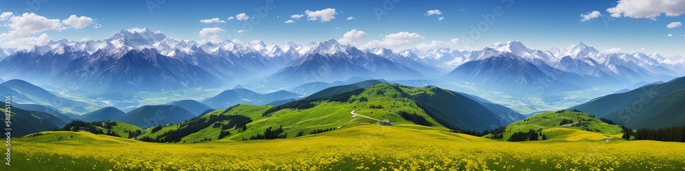 a view of a mountain range with a valley in the foreground, color field, alpine scenery, swiss alps, beautiful landscape background, generative ai - obrazy, fototapety, plakaty 