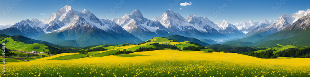 a painting of a valley with mountains in the background, color field, mountain behind meadow, mountains background, alpine scenery, generative ai