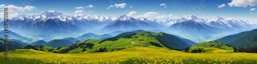 a view of a mountain range with a valley in the foreground, color field, alpine scenery, swiss alps, beautiful landscape background, generative ai