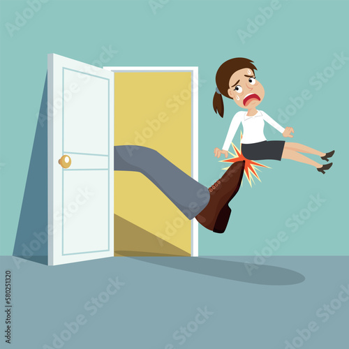 Businesswoman being kicked out of the door, Dismissed from her job, Boss kick,illustration vector cartoon