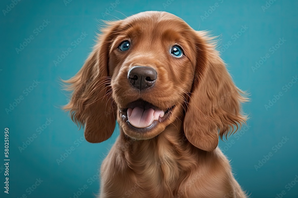 Cute Irish setter puppy dog smiling in studio, isolated on blue background. Care for pets and ideas about animals. Generative AI
