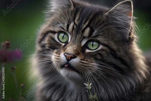 After eating, a beautiful, striped, gray, fluffy, homeless, thoroughbred cat sits in nature and licks his lips. Close up photograph of an animal. Generative AI
