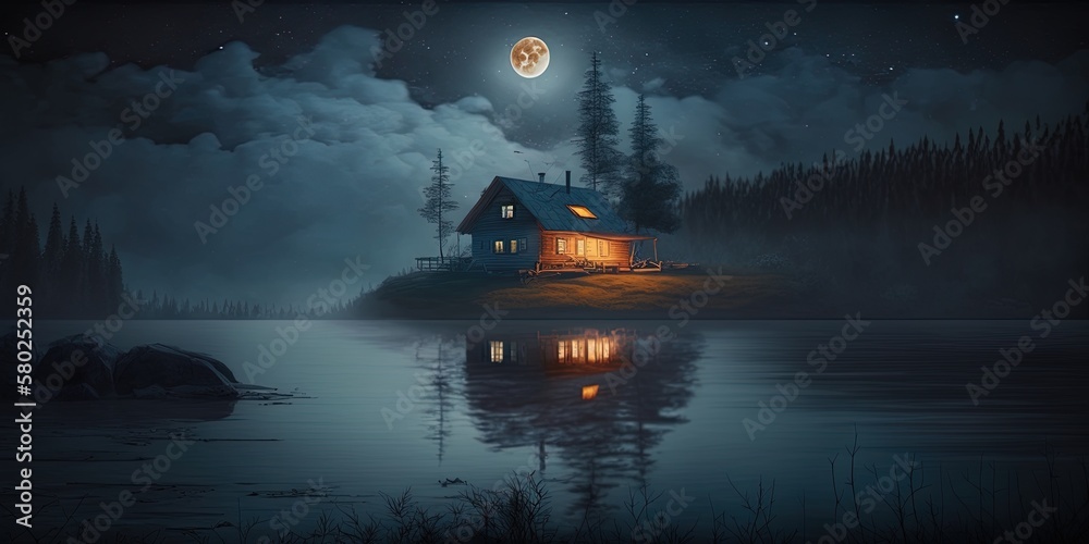 Fototapeta premium Cozy wooden cabin between the mountains at night by the lake and full moon. Generative AI