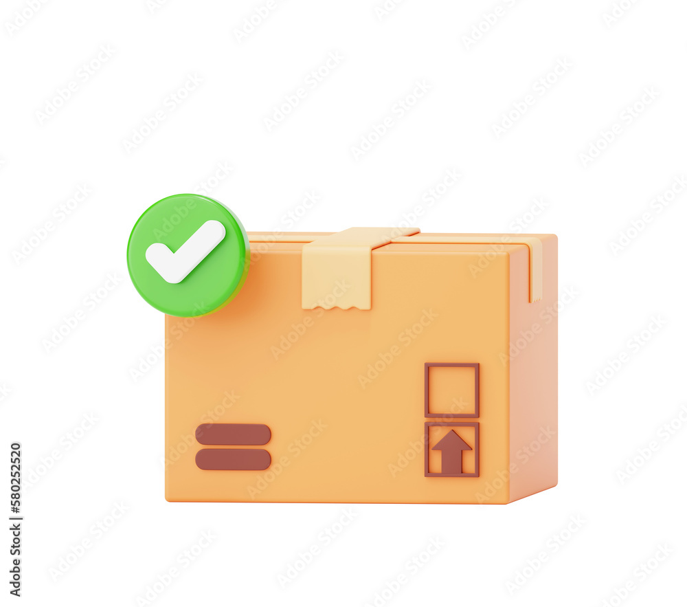 Cardboard box with check mark product packaging warehouse approved delivery shipping icon sign or symbol 3d background illustration