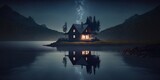 Cozy wooden cabin between the mountains at night by the lake and full moon. Generative AI