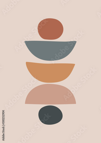 Abstract poster with balance shapes, stones. A symbol of harmony, calmness and relaxation. Boho modern print. Mid century design. Stock vector illustration