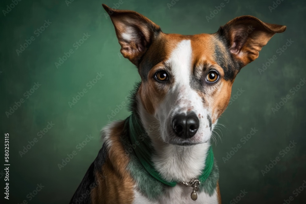 In the Studio shot, there is a portrait of a beautiful dog on a green background. Cute pet selective attention. Pet Lover concept . Pets indoors. Care for pets and ideas about animals. From the front