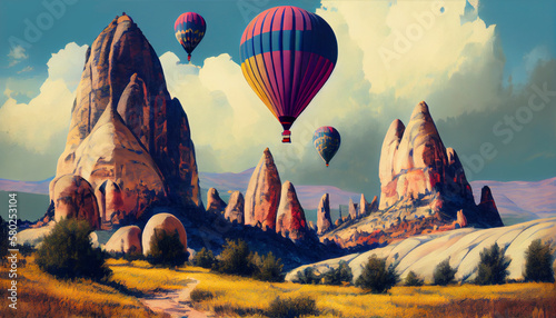 Illustration of hot air balloons flight, Generative AI.