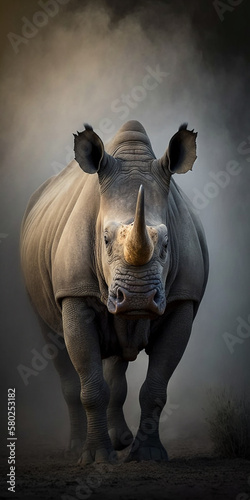 Cinematic Extreme Closeup Of Rhinoceros Looking Into Camera In Foggy Bokeh Light Generative Ai Digital Illustration Part#120323