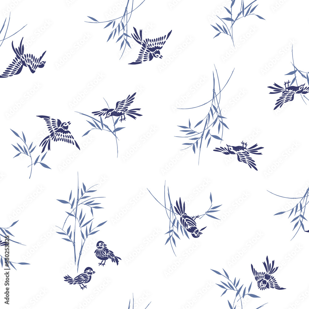 Japanese sparrow and bamboo seamless pattern, Japanese sparrow and bamboo seamless pattern,