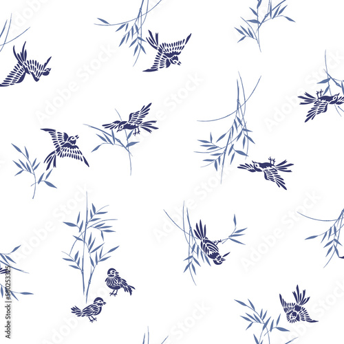 Japanese sparrow and bamboo seamless pattern 