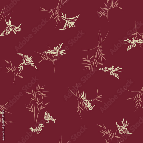 Japanese sparrow and bamboo seamless pattern,