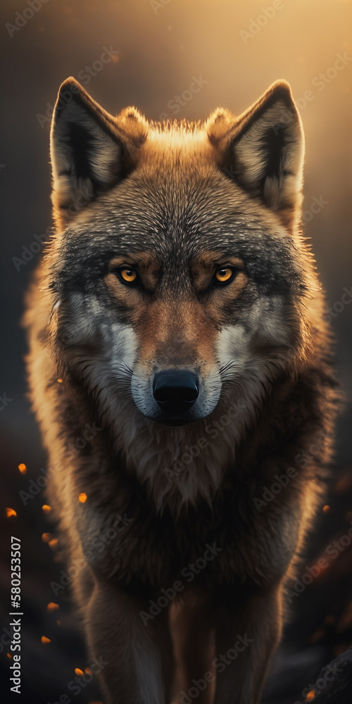 Cinematic Extreme Closeup Of  Wolf Looking Into Camera In Foggy Bokeh Light Generative Ai Digital Illustration Part#120323