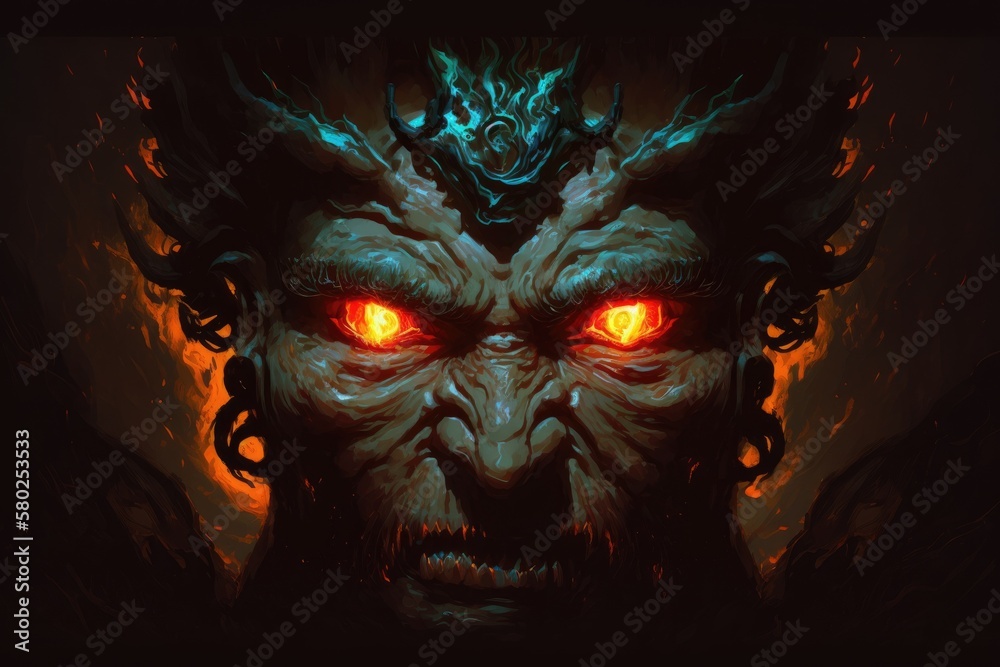 a painting of a demon's face with blazing eyes, hanging in the dark. Generative AI