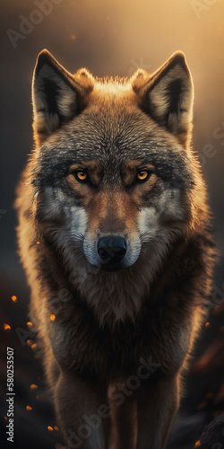 Cinematic Extreme Closeup Of  Wolf Looking Into Camera In Foggy Bokeh Light Generative Ai Digital Illustration Part 120323 © Cool Patterns