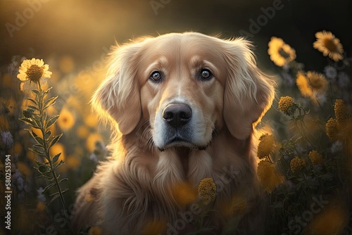 In a field with yellow flowers is a Golden Retriever. Lovely dog with a black eye. Susans blooming. Retriever in a field of flowers and golden light as the sun goes down. Generative AI