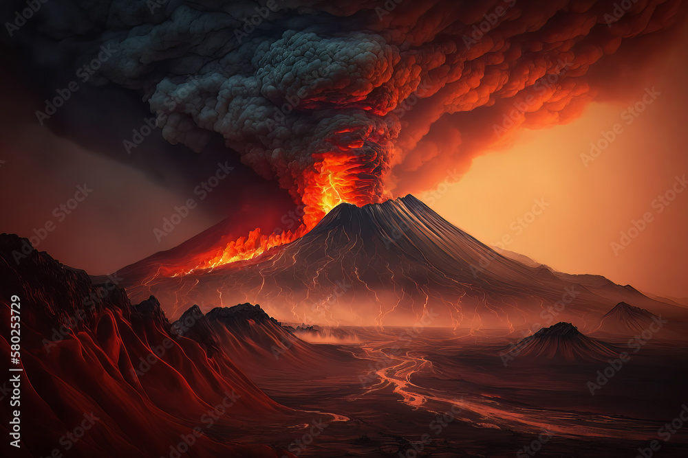 A breathtaking scene of a volcanic eruption column and atmospheric conditions that captures the danger and beauty of this geological phenomenon. Generative AI