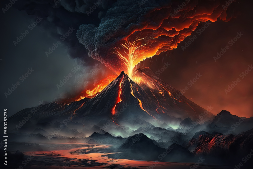 Experience the fiery spectacle of a volcanic eruption with this majestic and dramatic landscape photo. Awe-inspiring nature's power at its best. Generative AI