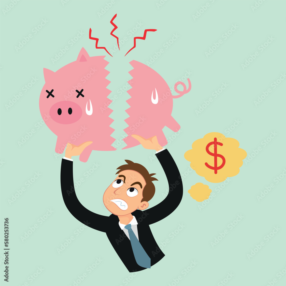 Businessman tearing and breaking piggy bank, Financial Crisis,illustration vector cartoon Businessman tearing and breaking piggy bank, Financial Crisis,illustration vector cartoon