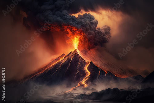 Witness nature's fury in action with this spectacular sight of a misty mountain shrouded in volcanic ash and smoke. Behold the wonder of geological activity. Generative AI